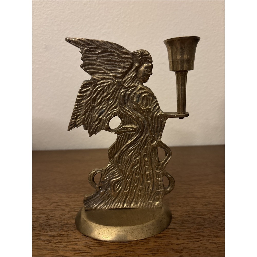 Vintage Christmas Solid Brass Angel Candle Stick Holder Classic Holiday Decor 7"
